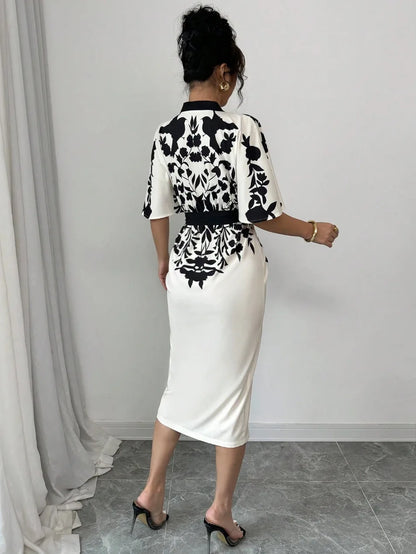 Women's elegant temperament V-neck A-line party dress 2025 new half sleeved printed lace up waist dress