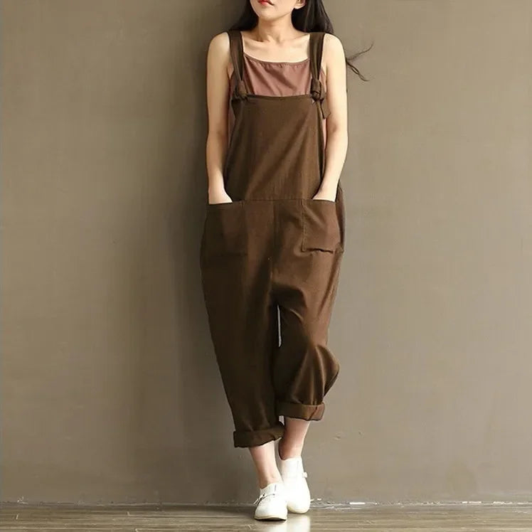 Women's Solid Color Simple Suspender Jumpsuit Sanded Cotton Pocket Loose Suspender Casual Pants Daily Commuter Wear S-3XL Badiee Stylez