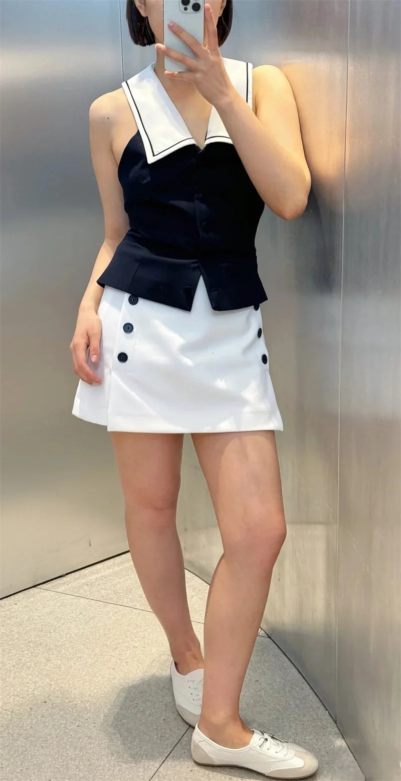 Women's Tops New Summer 2025 Sailor Suit Style Sleeveless Top Sexy Open Back Design Fashionable and Versatile Lively Personality