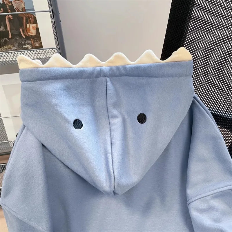 Hikigawa Chic Fashion Women Shark Hooded Sweatshirts Outerwear Autumn New Vintage Casual All Match Hoodies Coats Tosp Mujer