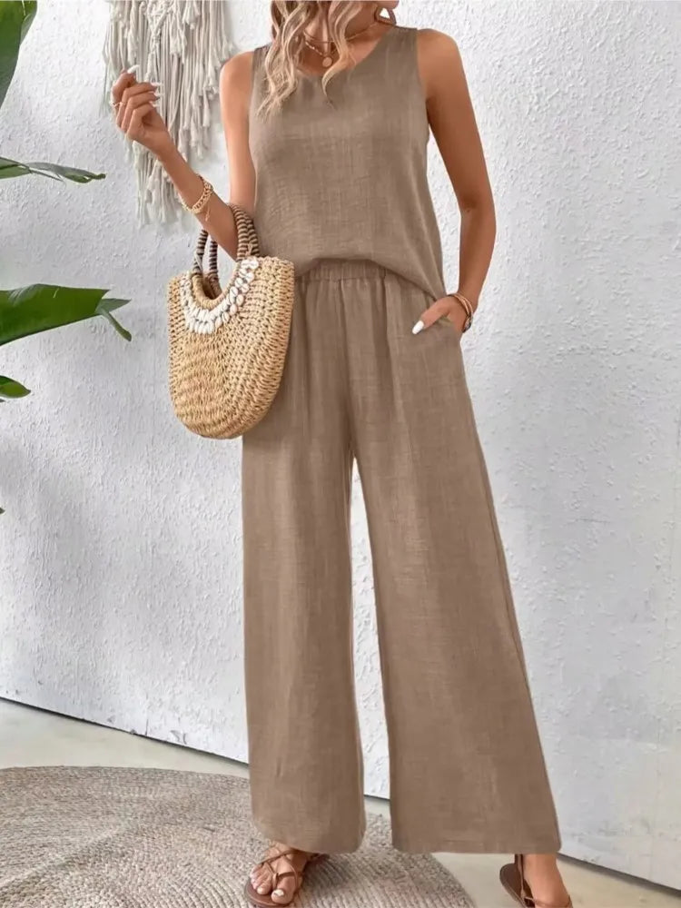 Hollow Out 2 Piece Sets Women Lace Sleeveless Top Wide Leg Pants Set Solid Color New Matching Sets 2 Piece Sets Women New 2024