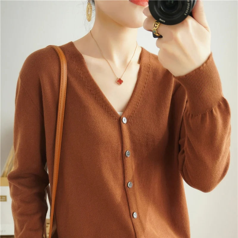 100% Cotton Line Long Sleeve V-Neck Knitted Cardigan Women Loose Short Solid Color Simple Sun Protection SMY K61
