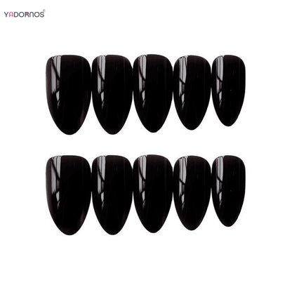 Almond Mid-length Black Fake Nail Solid Color Press on Nails Simple Full Cover Artificial Nail For Girls Nail Extension 24Pcs Badiee Stylez