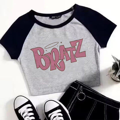 Gothic Bratz Cropped Print Crew Neck T-shirt Y2K Short Sleeve Tight Fit Crop Top Spring Summer Women's Clothing 8.88--79171