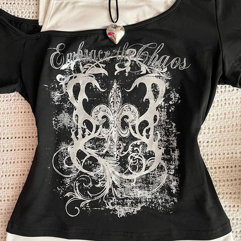 Women's 90s Vintage Punk T-Shirt Summer Streetwear Sexy Short Sleeve Gothic Slim Crop Top Hotgirl Casual Femme Tee Harajuku Y2k