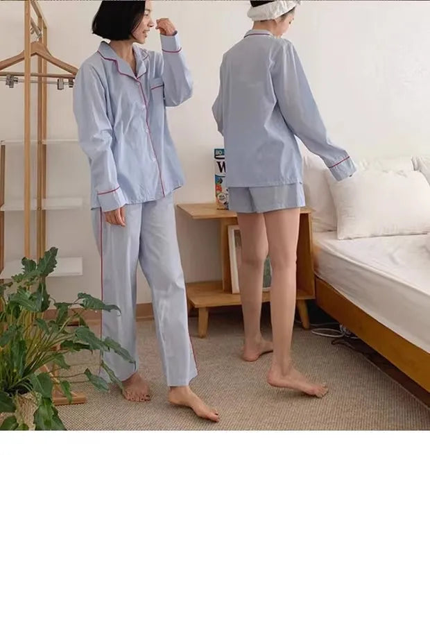 Women's Striped Solid Color Pajamas Short Sleeve Shorts Cardigan with Lapel Student Homewear Two-Piece Set Girl Sleepwear