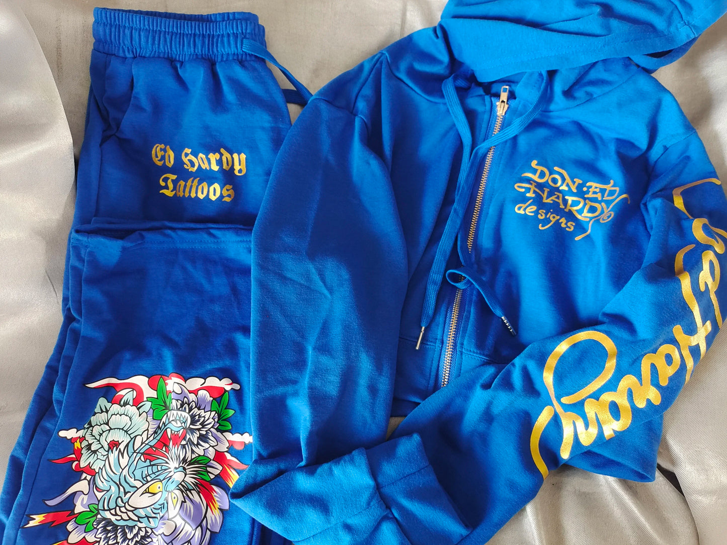 Bangniweigou Skull Love Print Zipper Short Cardigan + High Waist Straight Leg Pants Two Piece Set Women Tracksuit Autumn Winter Blue