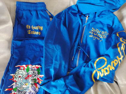 Bangniweigou Skull Love Print Zipper Short Cardigan + High Waist Straight Leg Pants Two Piece Set Women Tracksuit Autumn Winter Blue