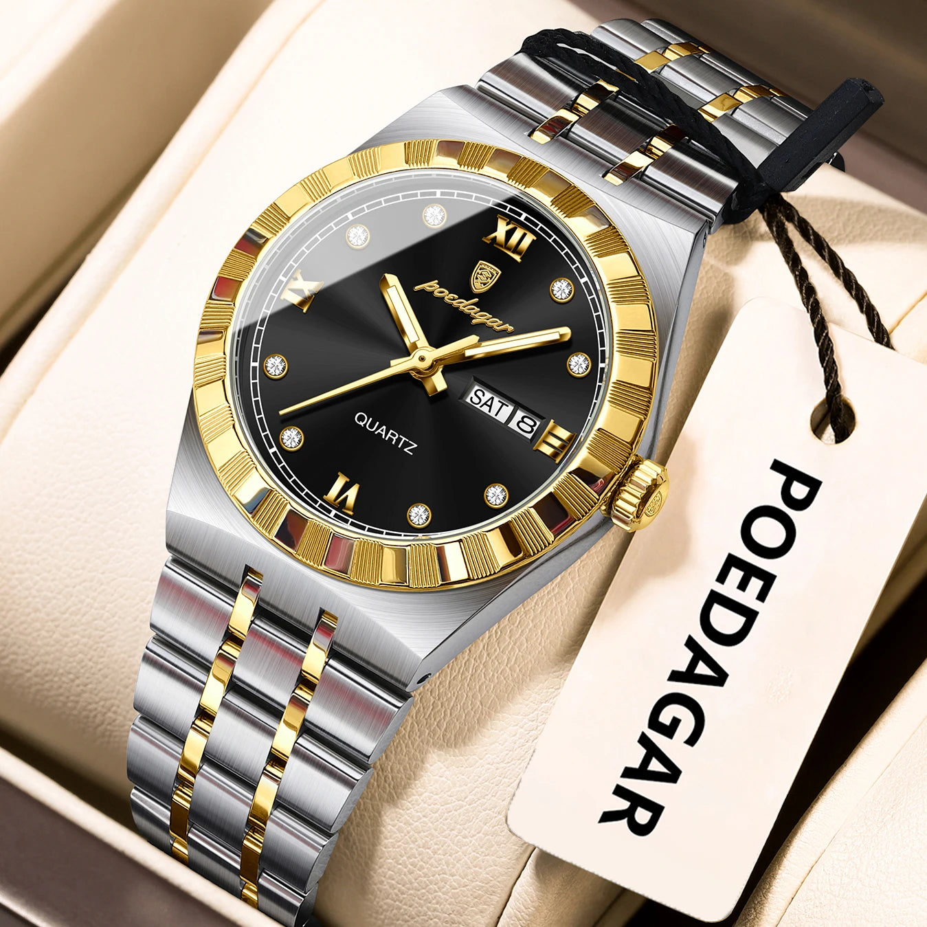 POEDAGAR Luxury Original Ladies Watch Luminous Waterproof Week Date Woman Wristwatch Stainless Steel Women Quartz Watches Female 794 Gold Black