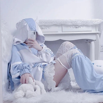 Girls Stitch Woman Clothing Subculture Japanese Hoodie Blue White Autumn Woman Sweatshirts Zipper Winter y2k Clothes Hoodies