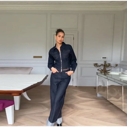 Lapel Zipper Denim Jackets Pants Sets Women Casual Pockets Short Jackets Suit With High Waist Jeans Lady Chic High Street Outfit