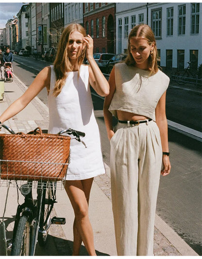 Summer New 100% Linen Sleeveless Crop Top Women's Loose Casual Solid Color Cute Tops Round Neck Minimalist Short T-Shirts