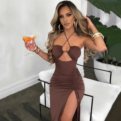Sleeveless Sexy Female Midi Backless Dresses Slim Night Club Party Women's Dress Bodycon Vestidos Elegantes Para Mujer Brown