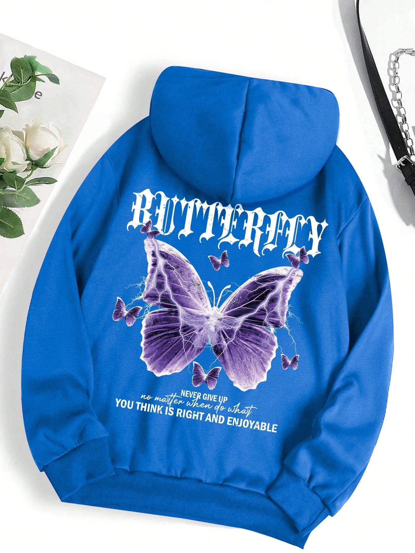 Beautiful Purple Butterfly Printing Hoodies Women Fleece Pocket Hoody Simple Casual Hoodie Autumn Loose Female Streetwear Blue