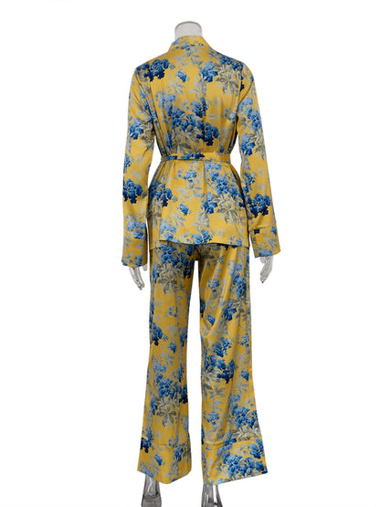 Marthaqiqi Fashion Women Nightwear Suit V-Neck Pajamas Long Sleeve Nightie Lace Up Nightgowns Pants Printing Ladies Pyjamas Set