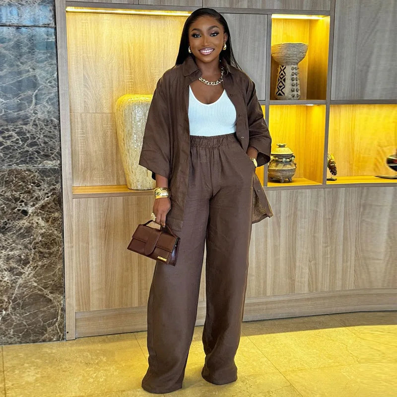 Cotton Linen Set Women Spring Summer Loose Oversize Long Sleeve Shirt Long Pants 2 Piece Sets Casual Office Ladies Trousers Suit Dark Brown