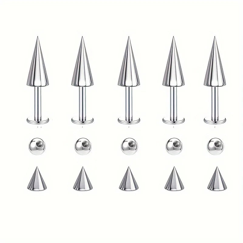 5pcs Spikes Punk Fashion Stainless Steel Lip Stud Earrings For Daily Detachable Replaceable Ball Piercing Jewelry For Men