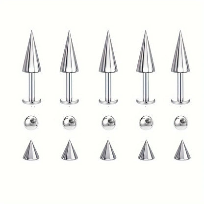 5pcs Spikes Punk Fashion Stainless Steel Lip Stud Earrings For Daily Detachable Replaceable Ball Piercing Jewelry For Men