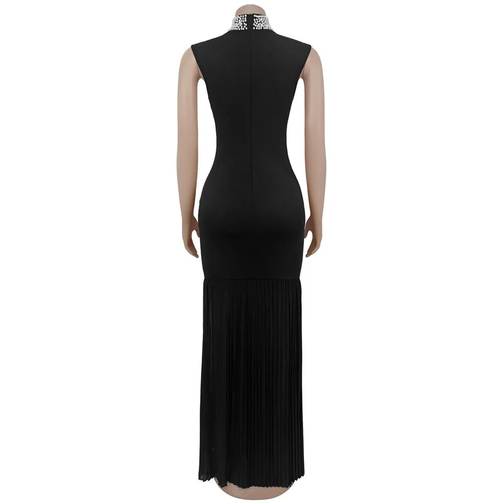 RLMABABY Elegant Splice Ruched Women Black Gown Long Bodycon Dress Pearl Stand Collar Sleeveless Club Party Sheath Maxi Dress