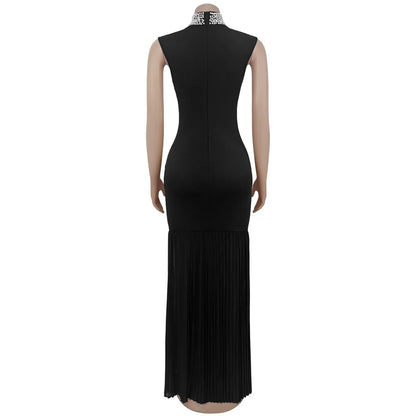 RLMABABY Elegant Splice Ruched Women Black Gown Long Bodycon Dress Pearl Stand Collar Sleeveless Club Party Sheath Maxi Dress