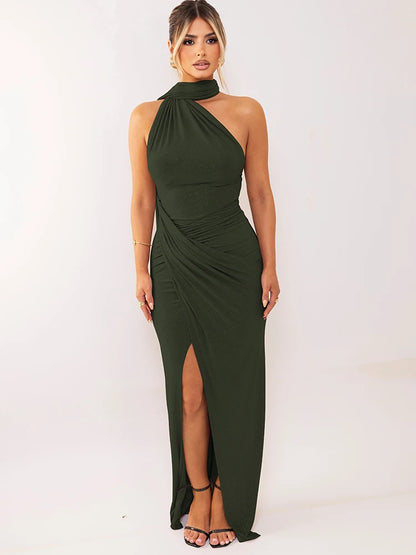 Mozision Halter Off-shoulder Sexy Maxi Dress Women Fashion Sleeveless Backless Ruched Split Club Party Bodycon Long Dresses green