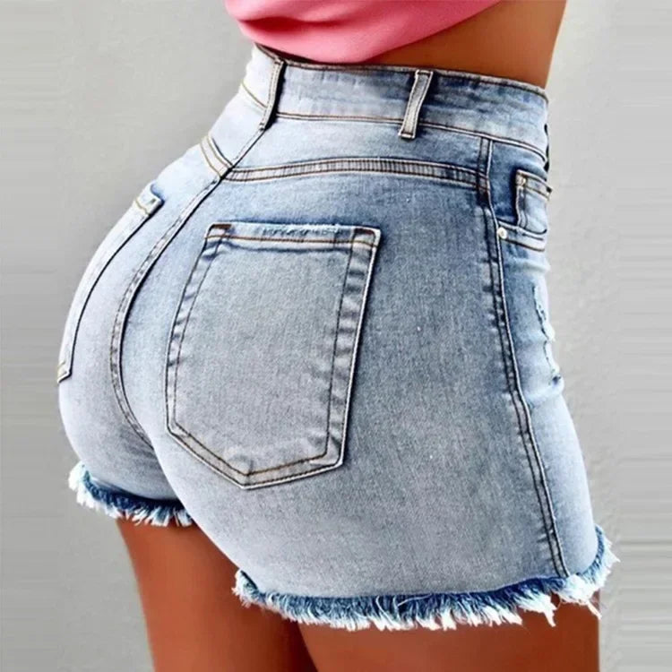 High Waist Hot Pants Women's Jeans Available in Multiple Colors Women's Denim Stretch Shorts Stretch Tassel Distressed Light blue