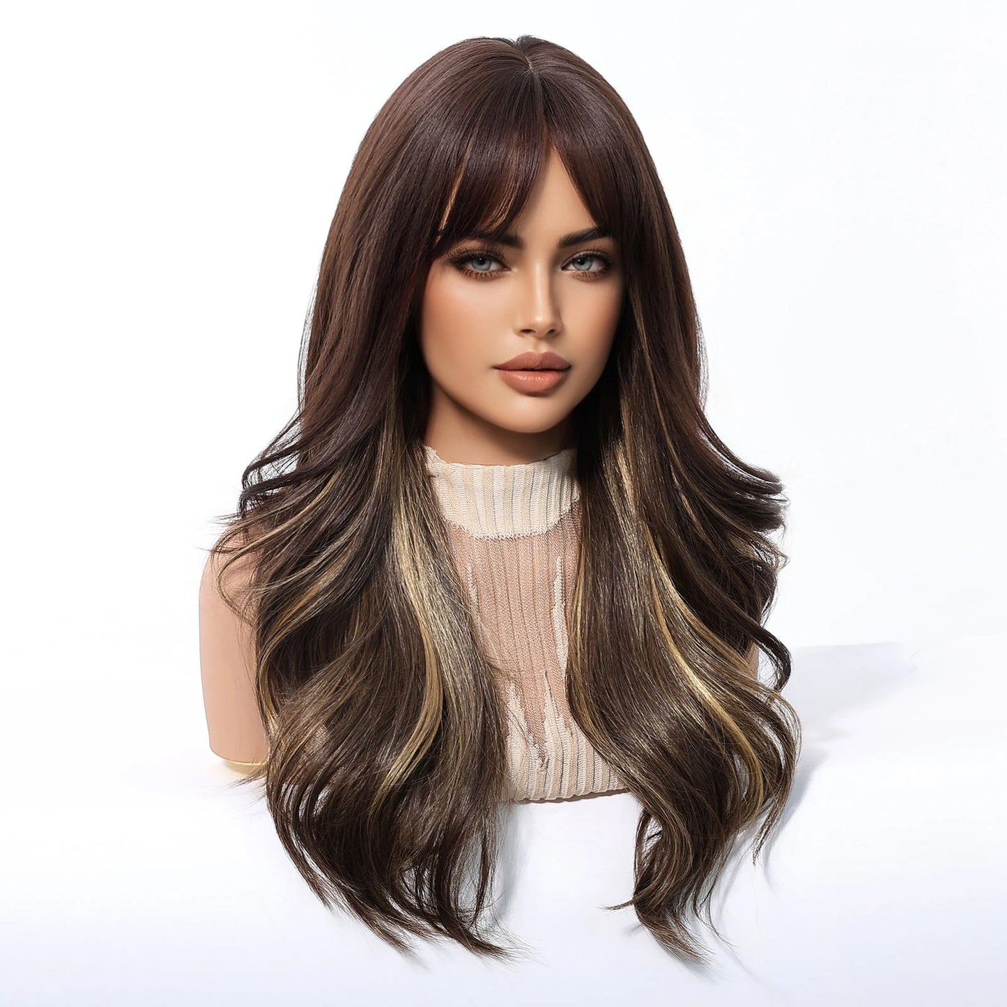 Brown Blonde Highlights Wigs Medium Length Wavy Synthetic Wig With Bangs Natural Body Wave Hair For Women Daily High Temperature