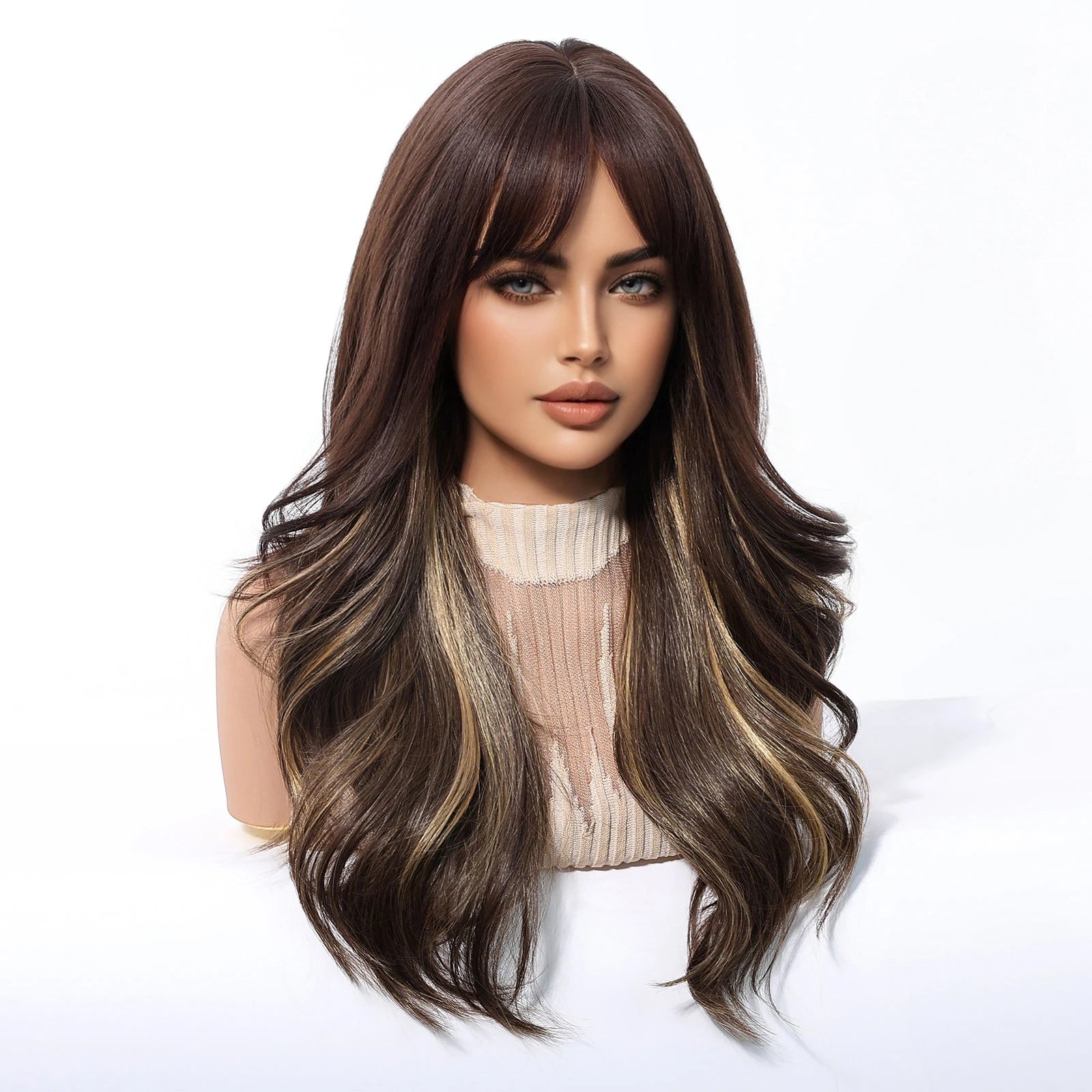 Brown Blonde Highlights Wigs Medium Length Wavy Synthetic Wig With Bangs Natural Body Wave Hair For Women Daily High Temperature