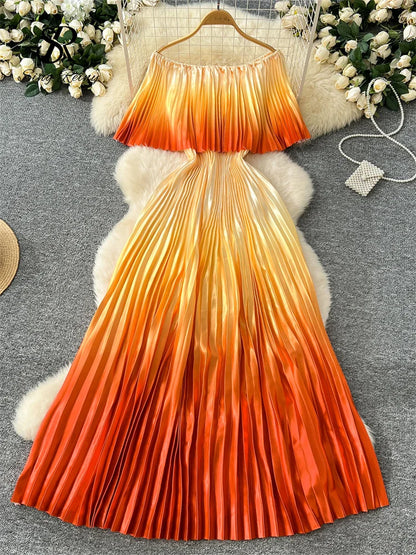 SINGREINY 2025 Gradient Party Long Dress Female Off Shoulder Elastic Waist A Line Sundress Vacation Luxury Pleated Maxi Dresses