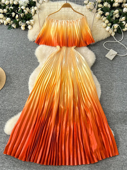 SINGREINY 2025 Gradient Party Long Dress Female Off Shoulder Elastic Waist A Line Sundress Vacation Luxury Pleated Maxi Dresses