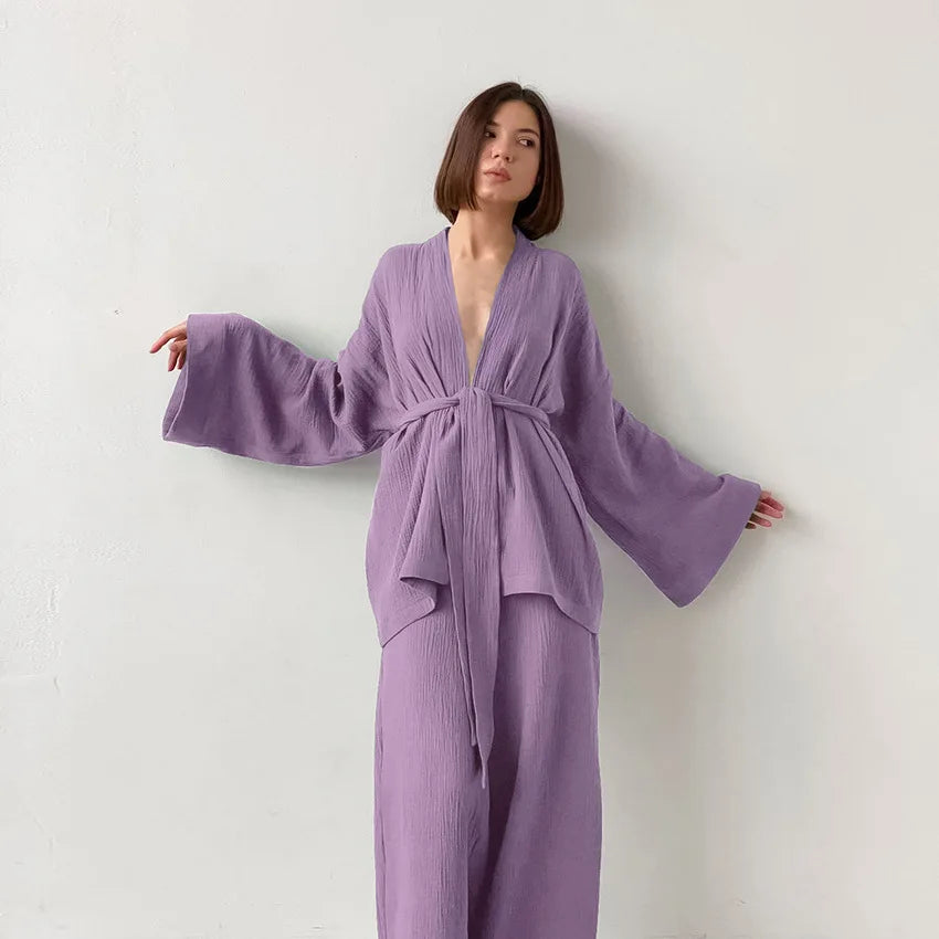 NHKDSASA Kimono Pajamas 2023 New 100% Cotton Crepe Long-Sleeved Trousers Ladies Sleepwear Suit Women's Home Service Mujer Lavender
