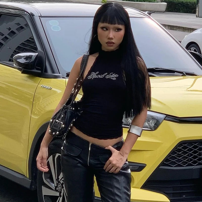 Lygens Halter Rhinestone Diampnds Lace Backless Sleeveelss Women'S Tops Tshirts Y2K Wholesale Casual Solid Fashion Clothing