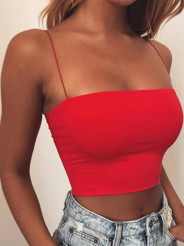 2024 New Fashion Women Spaghetti Strap Crop Top Sexy Bodycon Sleeveless Cami Tube Top Basic Plain Camisole Red
