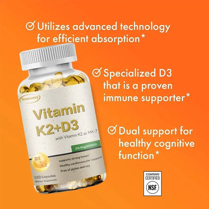 Vitamin K2 + D3 Supplement - Promotes Calcium Absorption, Helps Promote Bone, Teeth, Joints, Heart Immune Health