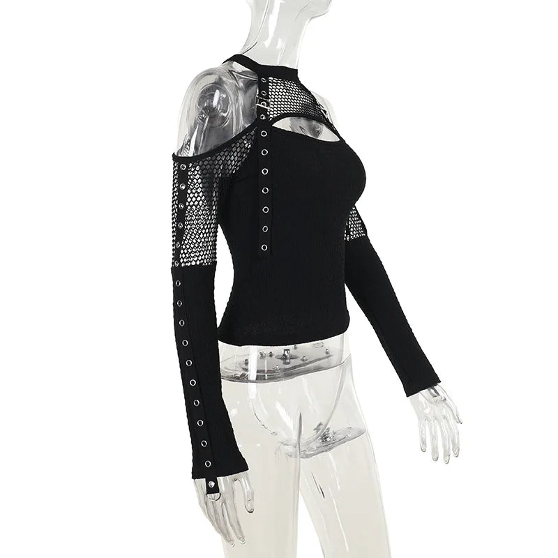 Goth Dark Punk Grunge Fishnet Patchwork Off Shoulder T-shirts Trim Corn Strap Halter Tops Autumn Mall Gothic Streetwear T-shirt