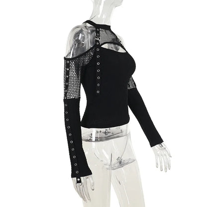 Goth Dark Punk Grunge Fishnet Patchwork Off Shoulder T-shirts Trim Corn Strap Halter Tops Autumn Mall Gothic Streetwear T-shirt