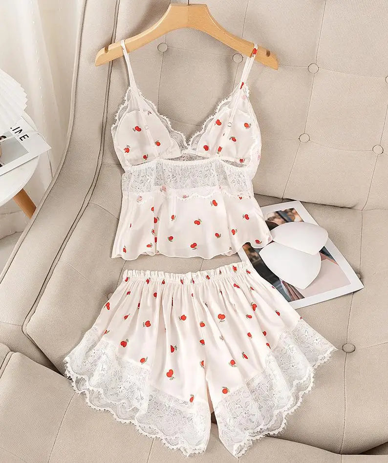Summer Print Pyjamas Suit Women Sleepwear Lace Hollow Out Pajamas Set Sexy Strap Top&Shorts PJS Lingerie Satin Homewear