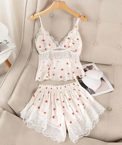Summer Print Pyjamas Suit Women Sleepwear Lace Hollow Out Pajamas Set Sexy Strap Top&Shorts PJS Lingerie Satin Homewear