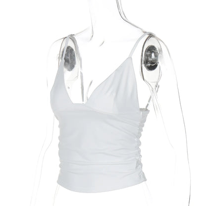 Hugcitar V Neck Solid Ruched Sexy Slim Y2K Crop Tank Top Summer Women Fashion Casual New Clothes Streetwear Beach Vacation