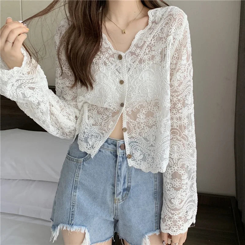 Vintage Summer Lace Blouses Women See Through Sheer Long Sleeve Sun Shirts Korean Style Casual Sun Protection Sexy Ladies Tops