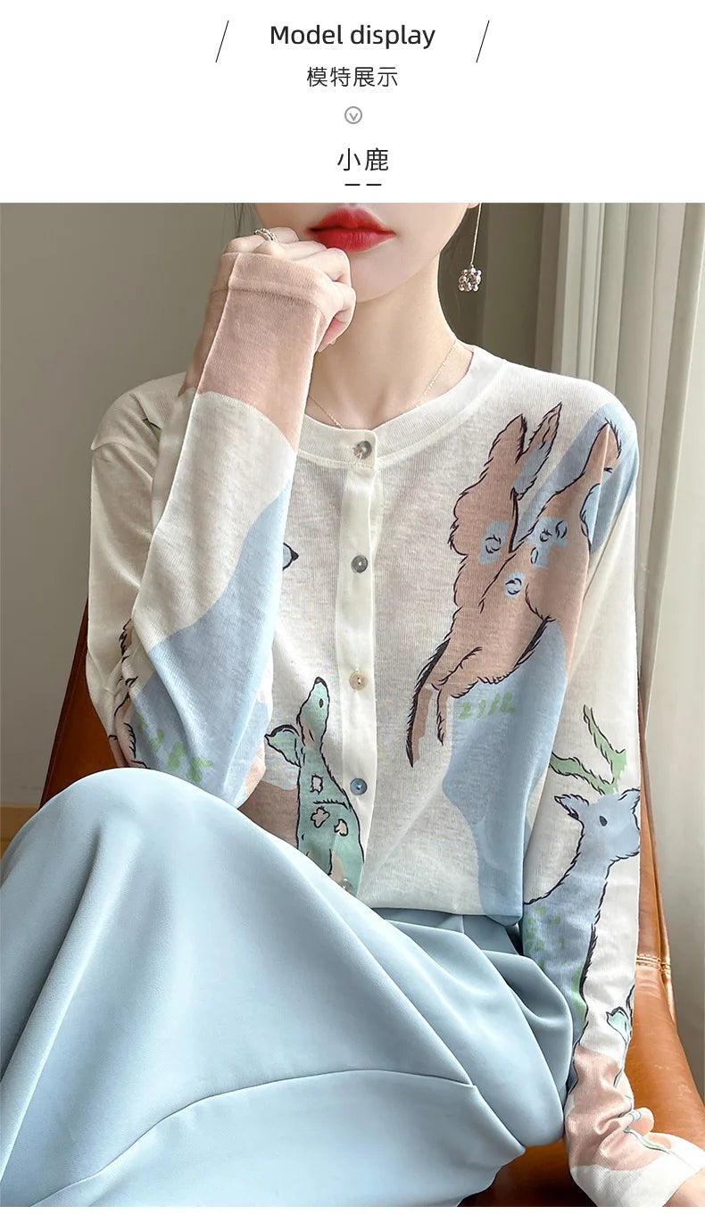 Spring And Summer New Lyocell Water-Soluble Wool Blended Round Neck Knit Cardigan Long Sleeve Feminine Sweater Printed Top