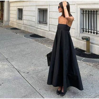 Solid Backless Spaghetti Strap Dress Women's Fashion Loose High Waist A-line Vestidos Summer Lady Holiday Street Robes 2025 New