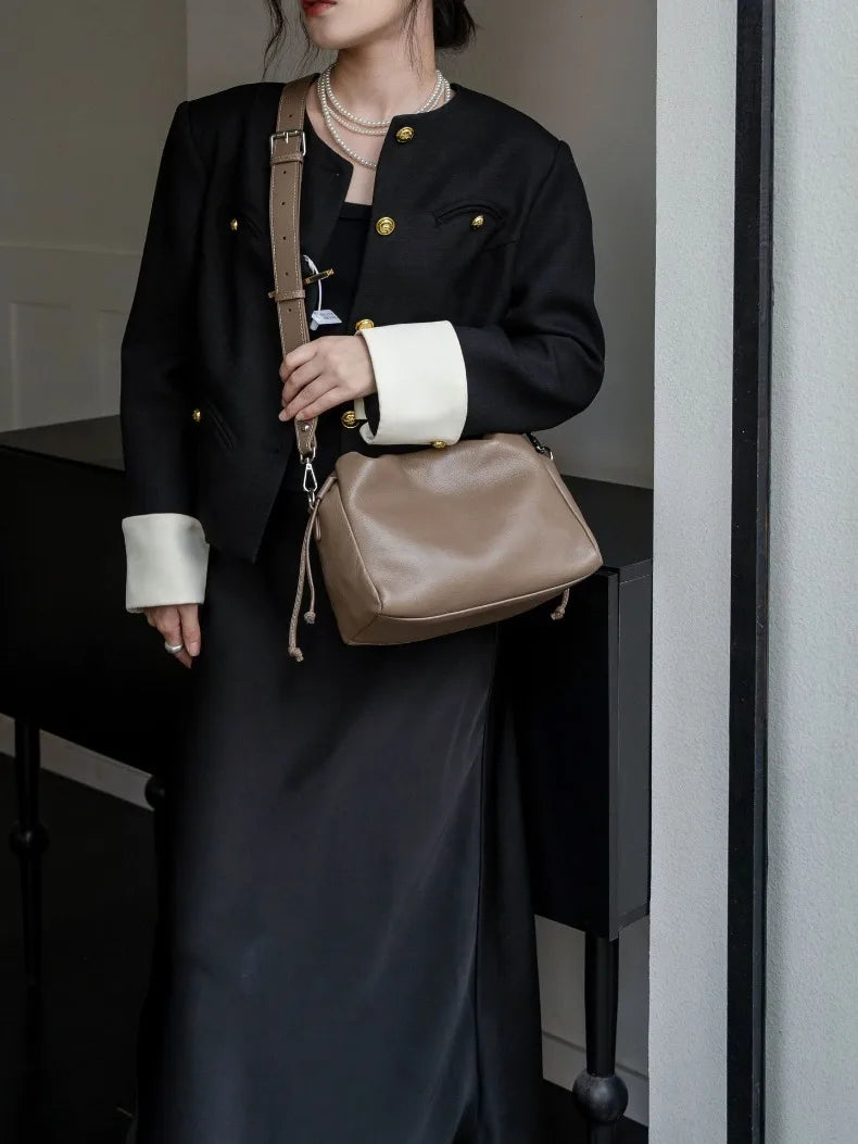 Ladies' New Premium Full-Grain Wrinkled Leather Crossbody Bag - Women's Chic Shoulder Commuter Bag with Organizer Pockets