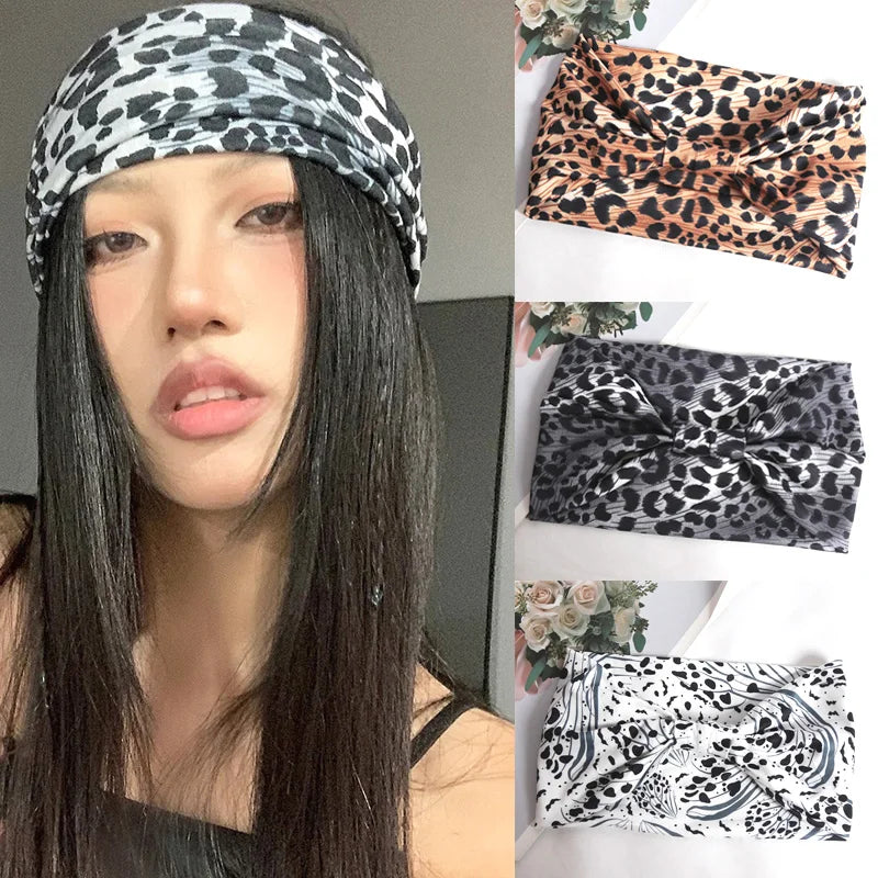 Women Wide -Side Pilates Elastic Hair Bands Yoga Leopard Print Headband Running Cycling Turban Makeup Hair Hoop Makeup Headwrap