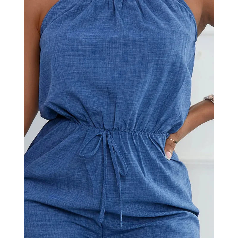 Women's Casual Blue Jumpsuit Spaghetti Straps Waist Tie Great for Daily Wear Shopping Trips Fashionable Hangouts Badiee Stylez