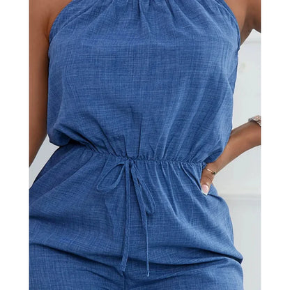 Women's Casual Blue Jumpsuit Spaghetti Straps Waist Tie Great for Daily Wear Shopping Trips Fashionable Hangouts Badiee Stylez