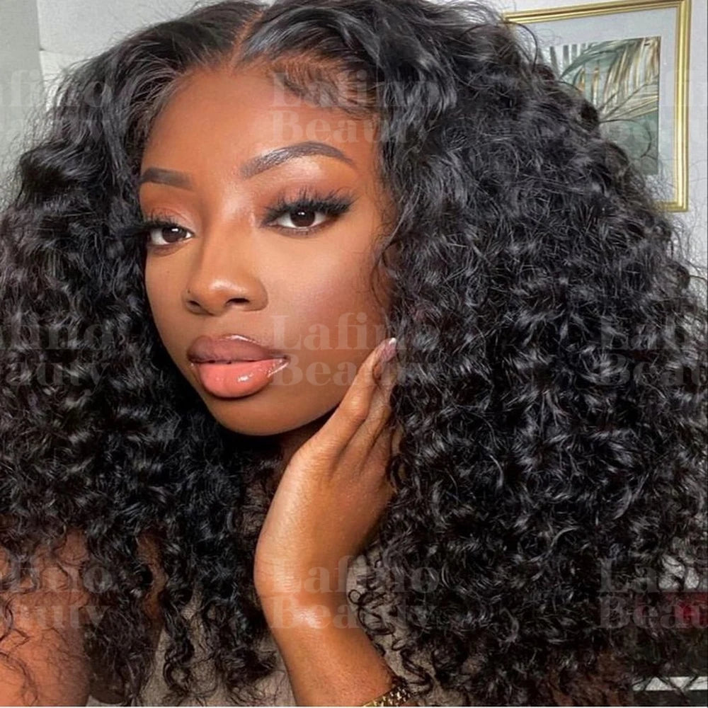Glueless Kinky Curly V Part Wig Human Hair No Lace Wig Deep Wave Frontal Wig Water Wave Human Hair Wig Brazilian Hair For Women Badiee Stylez