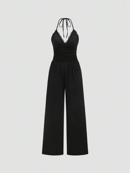 Women Summer Elegant Black High-Waist Knitted Suspender Jumpsuit Backless Women's Loose Wide-Leg Pants European Style Jumpsuit Badiee Stylez