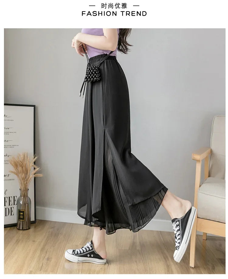 Women Pants Culottes Elastic Wide Leg Irregular Hem Double Layers Korean Trousers Summer Casual Loose Pleated Pants