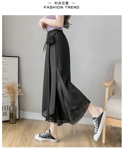 Women Pants Culottes Elastic Wide Leg Irregular Hem Double Layers Korean Trousers Summer Casual Loose Pleated Pants